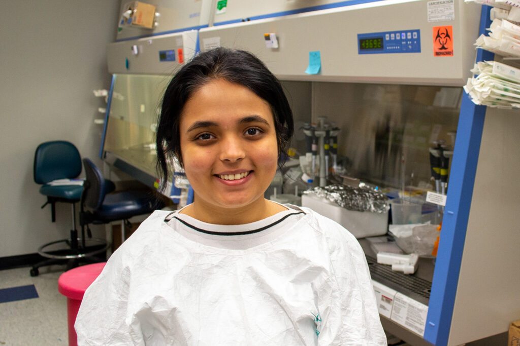 Chinmayee Mehta poses in the Catalfamo lab.