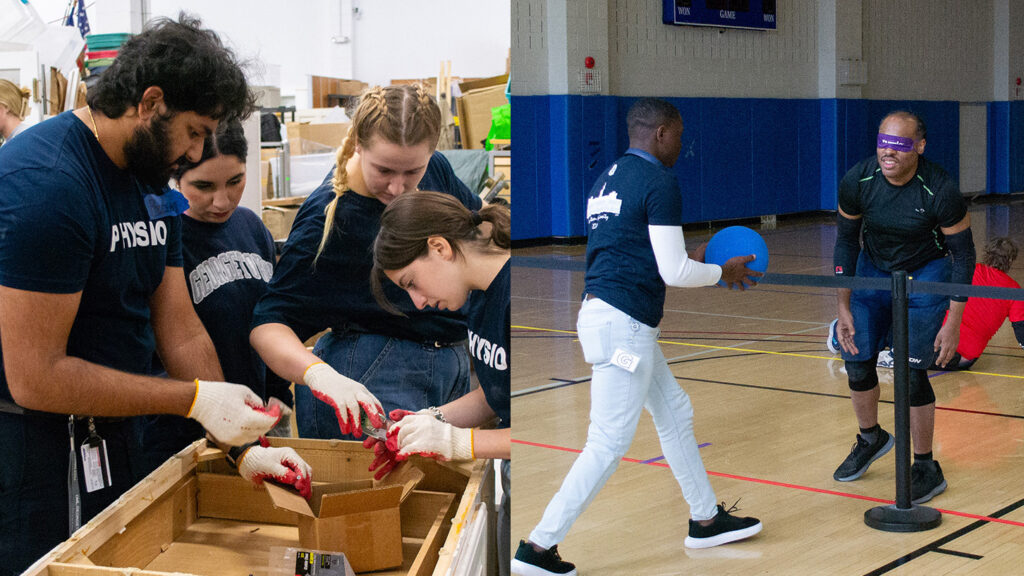 Side-by-side images of SMP students repairing a cabinet at the Habitat for Humanity ReStore, and helping out during a goalball match with visually impaired athletes.