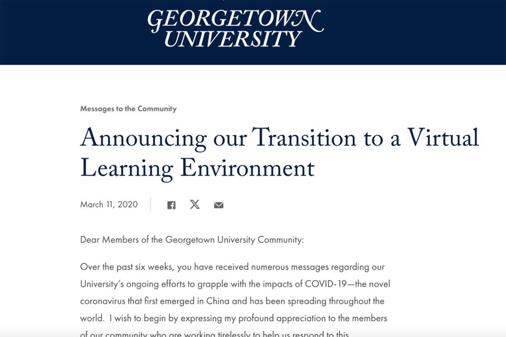 A Georgetown University announcement dated March 11, 2020, titled "Announcing our Transition to a Virtual Learning Environment"