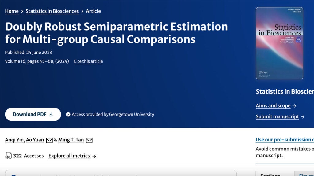 A screenshot of the Nature Communications journal page for the paper "Doubly Robust Semiparametric Estimation for Multi-group Causal Comparisons."