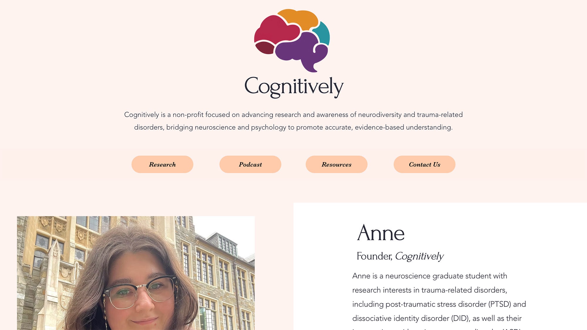 The home page of Integrative Neuroscience student Anne Schauer's website, cognitively.org, features a stylized illustration of a brain and links to a podcast and other resources.