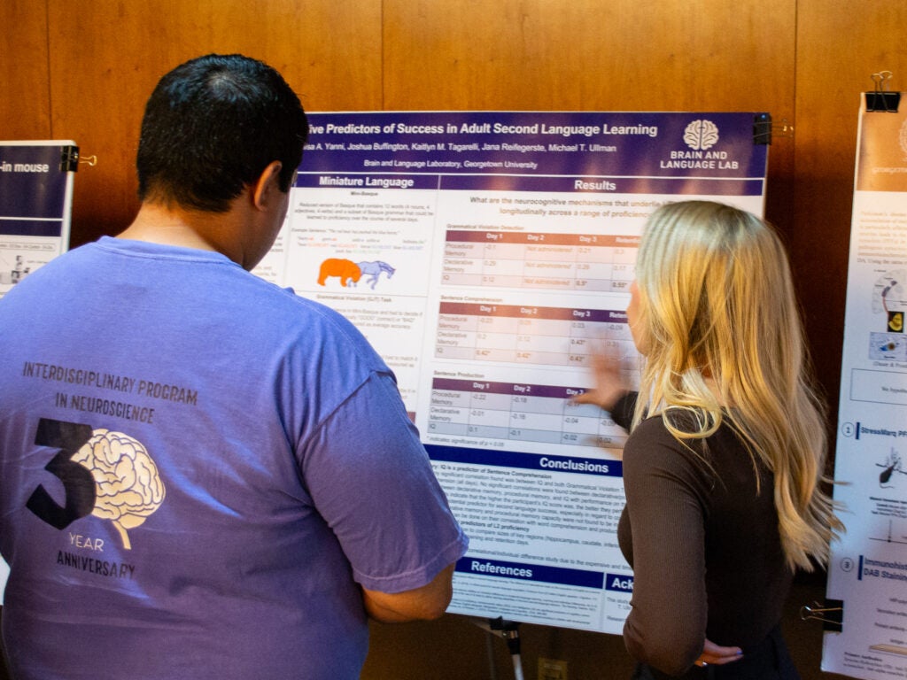 An Integrative Neuroscience student presents her research at the Department of Neuroscience poster session