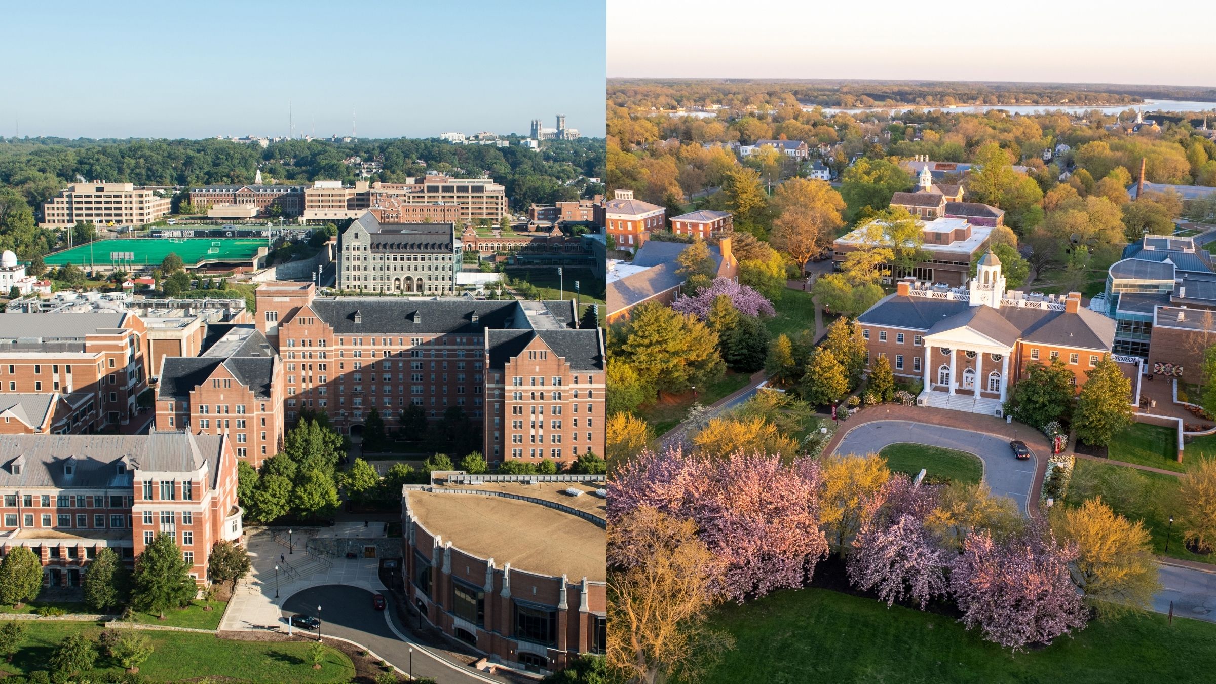 Side-by-side aerial photos of the Georgetown and Washington College campuses