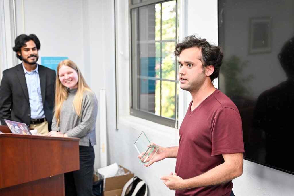 Matthew Nelson addresses attendees at the inaugural IPN Student Awards after receiving the Spirit of the IPN Award