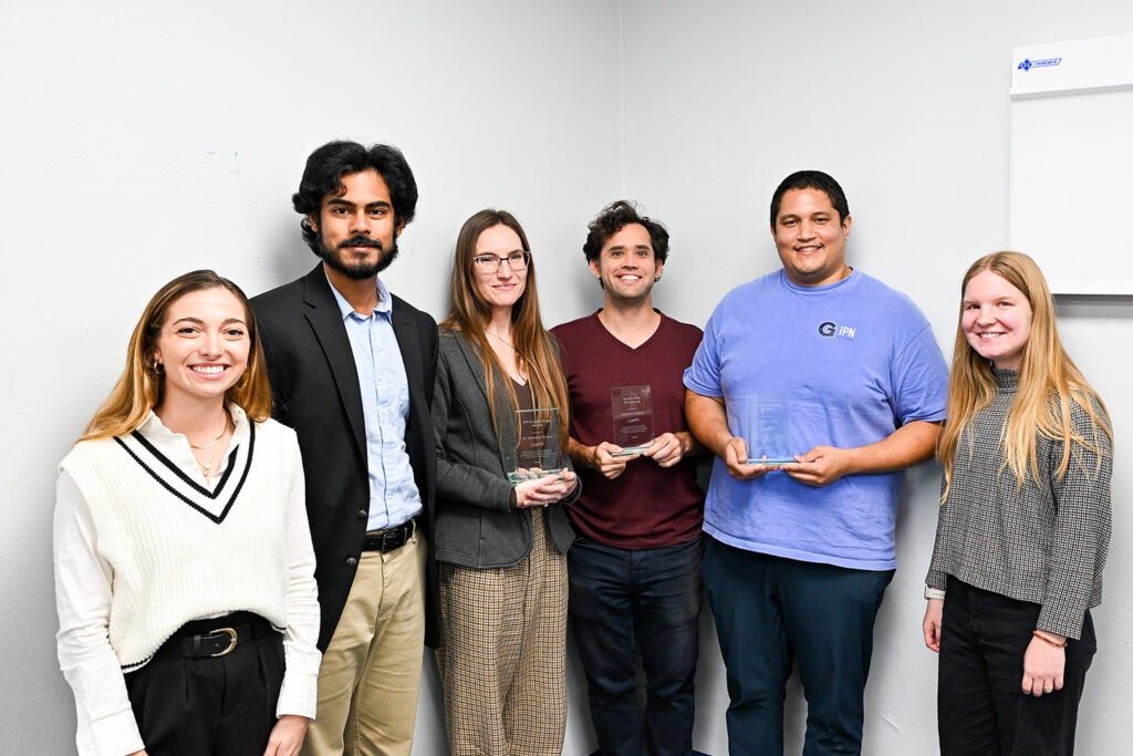 IPN student leaders and award recipients at the inaugural IPN Student Awards, from left: Mia Coutinho, student awards committee chair; Rahul Gurram Thimmugari, senior senator; Rebekah Evans, IPN Faculty Magis Award recipient; Matthew Nelson, Spirit of the IPN Award recipient; Zachary Colon, IPN Student Person for Others Award recipient; Anna Pearson, former IPN president