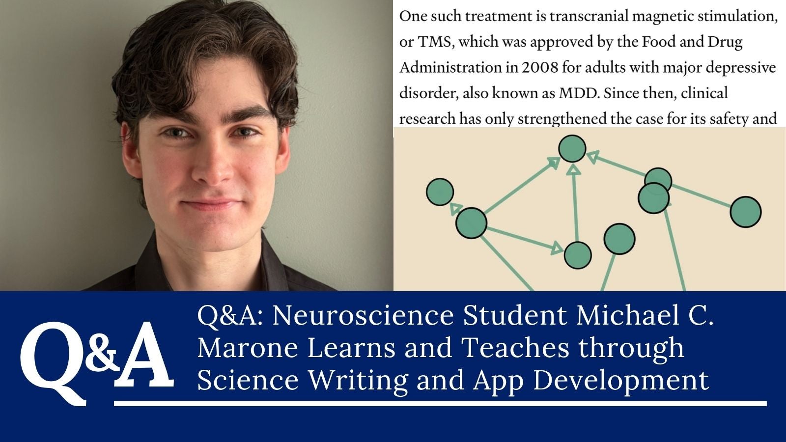 Q&A: Neuroscience Student Michael C. Marone Learns and Teaches through Science Writing and App Development, Ah headshot of Michael next to a screenshot of his Undark article and his Neuro Sandbox Simulator app