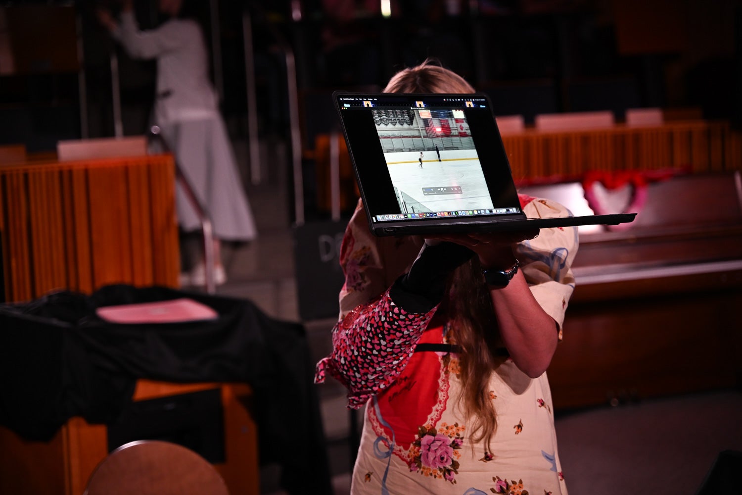 A laptop plays Stella SeoHyeon Lee's choreographed ice skating routine
