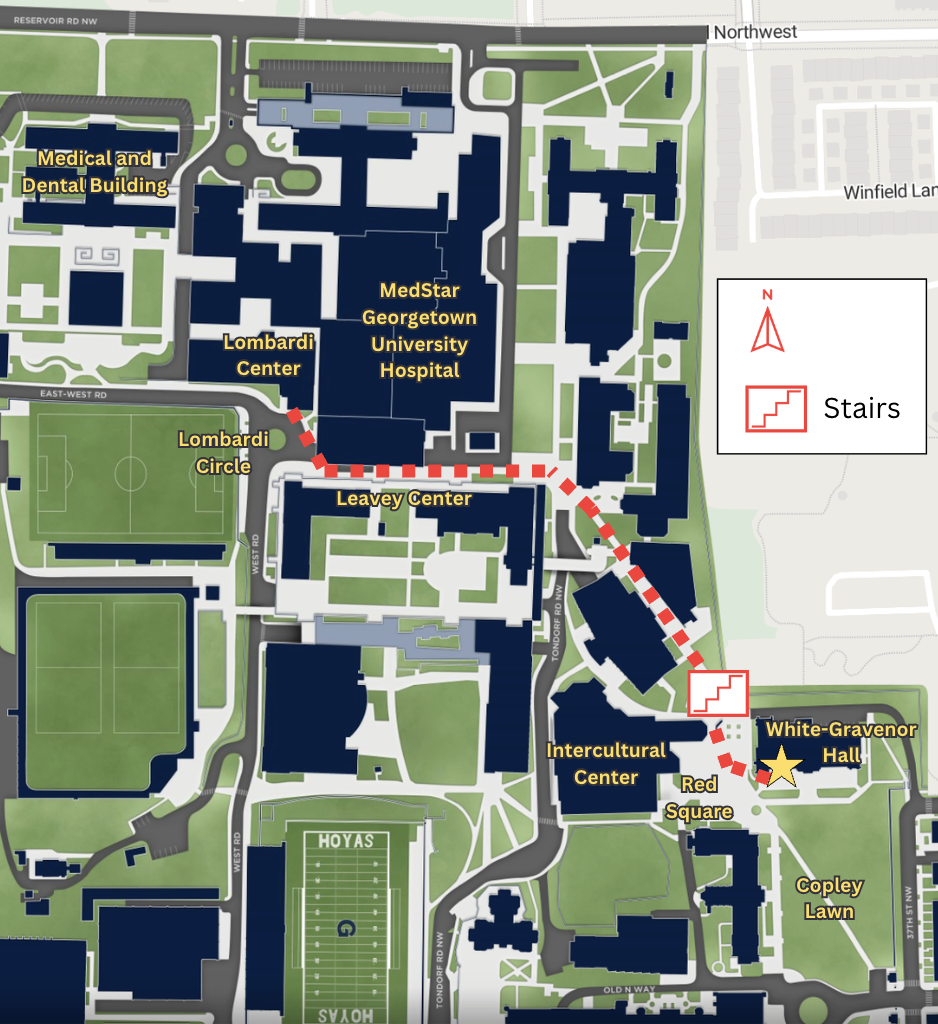 Map showing the route from Lombardi Comprehensive Cancer Center to White-Gravenor Hall