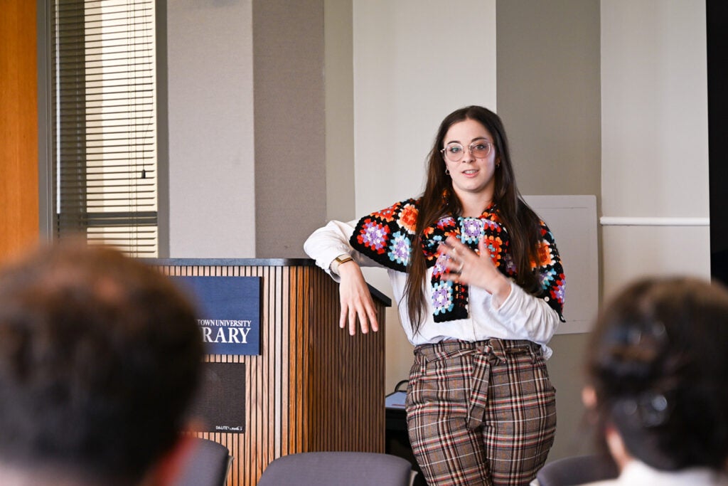 Pharmacology & Physiology Ph.D. student Carleigh Turner presents her research in the Three Minute Thesis competition.