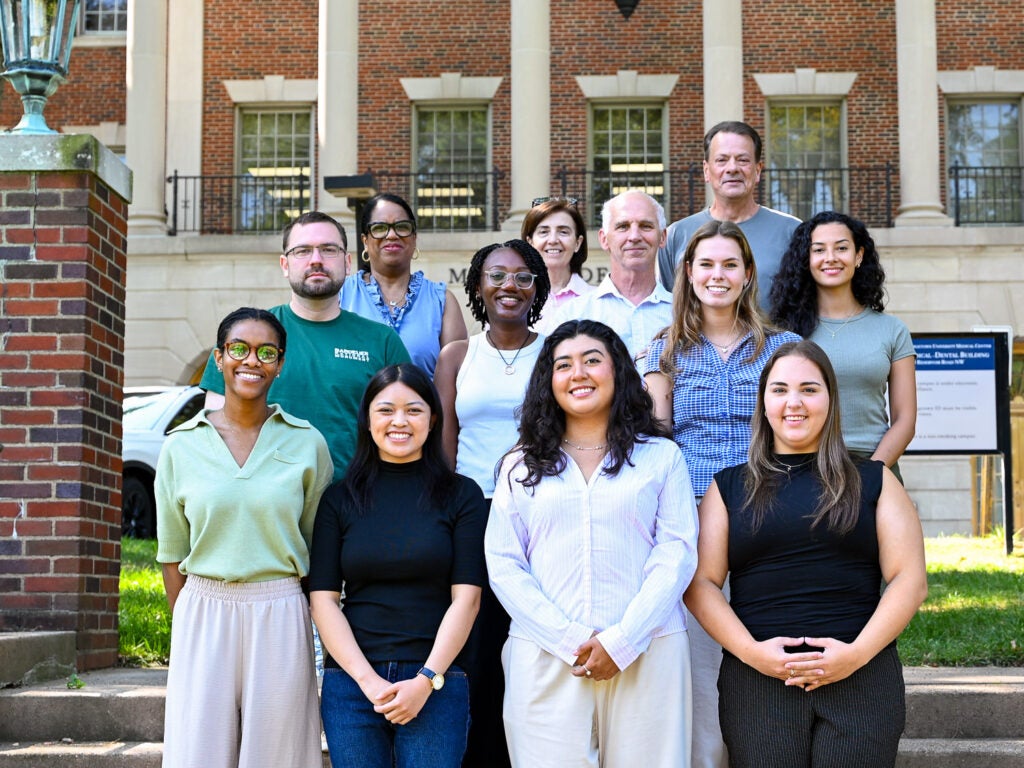 Members of the M.S. in Microbiology & Immunology program on the Med-Dent Steps at Fall 2026 orientation