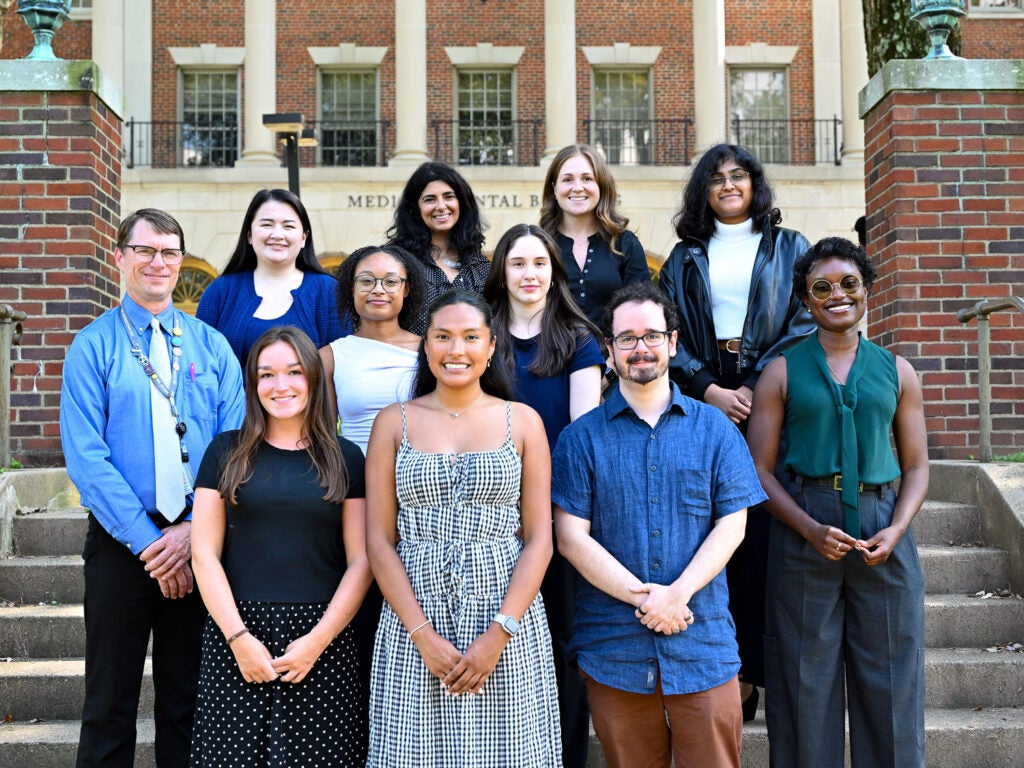 Members of the M.S. in Pharmacology program on the Med-Dent Steps at Fall 2026 orientation