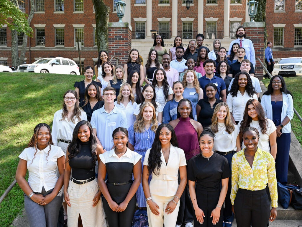 Members of the M.S. in Physiology & Biophysics program on the Med-Dent Steps at Fall 2026 orientation